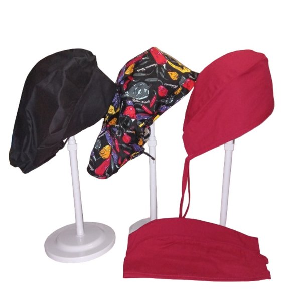 Landau Accessories - (5) total: Scrub Bonnet Caps Hats Unisex: Black - Peppers- Red surgical cap NEW